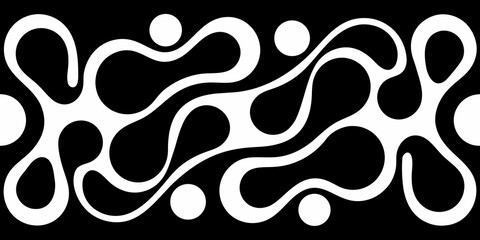 Abstract flowing organic shapes and circles in a repeating pattern on a black background