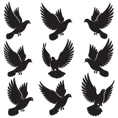Obraz premium Dove silhouette black flying bird isolated on white background. style vector illustration.