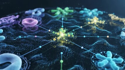 Abstract digital visualization of microscopic bacteria cells and organic structures connected by luminous networks - Powered by Adobe