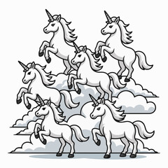 PriCartoon Herd of White Unicorns Running on Clouds Vectornt