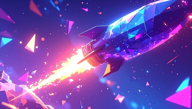 Low-poly rocket blasting off into colorful, geometric space