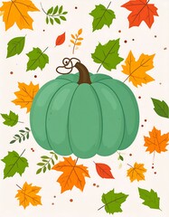 Cartoon-style turquoise pumpkin surrounded by autumnal leaves on cream