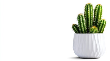 Green cactus in a white planter against a white background.