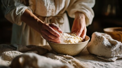 Baker kneads dough while preparing fresh bread in a rustic kitchen