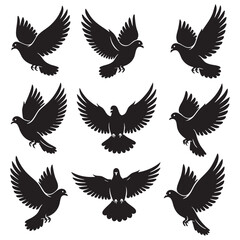 Obraz premium Dove silhouette black flying bird isolated on white background. style vector illustration.