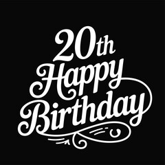 Elegant 20th Happy Birthday vector design with decorative flourishes, ideal for celebration-themed graphics and milestone greetings.