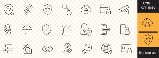 ciber security line icon set with editable stroke, featuring threats, security warning, email virus, secure, code issue, data encription, verification, data leak, online, etc