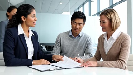 Multi ethnic couple meeting a saleswoman at a car dealership, signing a contract, and shaking hands to close the deal for a new car purchase, showcasing a successful business negotiation