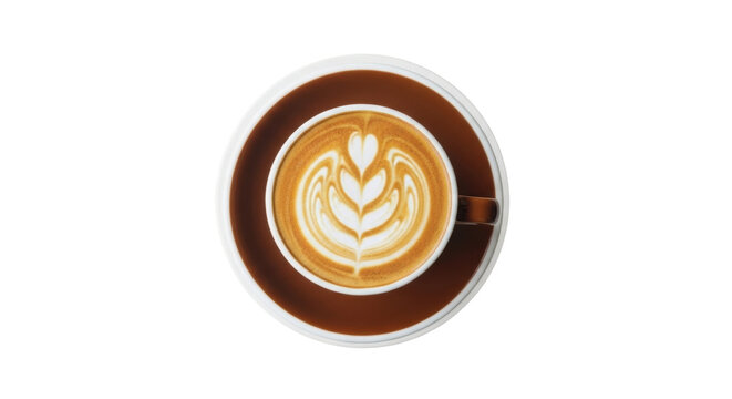 Isolated latte art on brown cup, creamy coffee beverage in cup with handle viewed from above