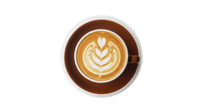 Isolated latte art on brown cup, creamy coffee beverage in cup with handle viewed from above
