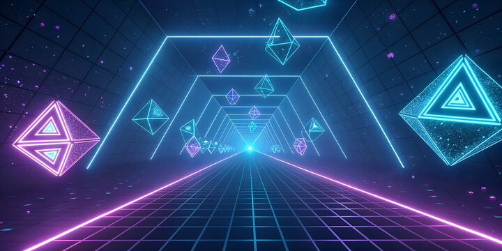 Fototapeta Futuristic neon background with glowing 3D cubes and triangles flying through a digital tunnel. Abstract technology concept with blue and purple lights, grid floor, and glowing lines in cyberspace. Pe