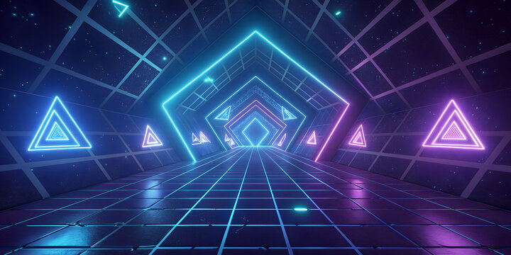 Futuristic neon background with glowing 3D cubes and triangles flying through a digital tunnel. Abstract technology concept with blue and purple lights, grid floor, and glowing lines in cyberspace. Pe