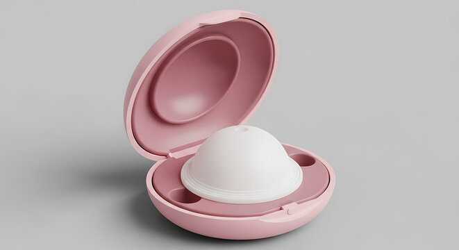 Pink open case with white dome shaped object inside on gray background pink case container