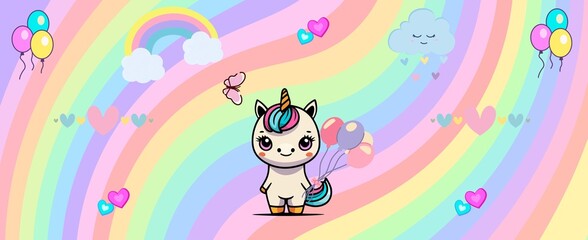 Premium Cute Unicorn with Pastel Rainbow on Purple Illustration Vector 300 DPI. Adorable baby unicorn on a pastel rainbow background. Perfect for kids products, nursery decor, stationery, and digital 