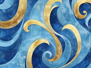 A decorative art piece featuring swirling, golden designs on an ocean blue background, symbolizing the sea's power and beauty.