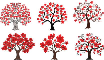 Six decorative red flowering trees with artistic swirls, vector illustration for spring floral design and decor