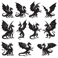 Dragon Silhouette Vector Design, Fantasy Beast Icon, Black Silhouette Illustration