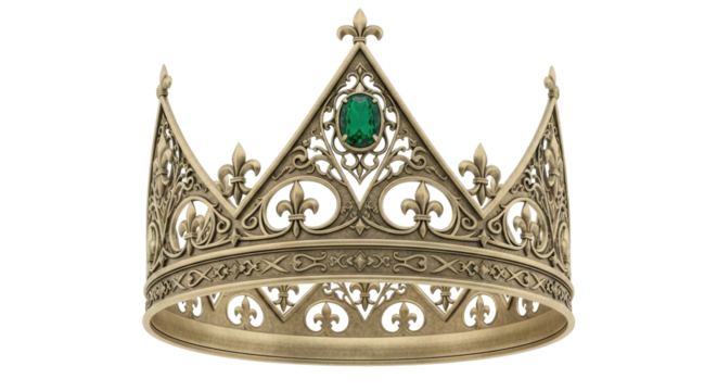 Isolated ornate crown with jewel embellishment, royal power and fantasy symbol of monarchy