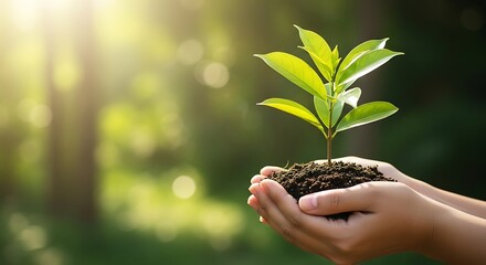 Hands holding a small plant in the sunlight, symbolizing growth and care