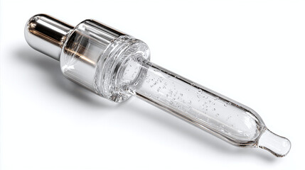 A close-up shot of a glass pipette with a silver top, filled with a clear liquid. The pipette is positioned at an angle