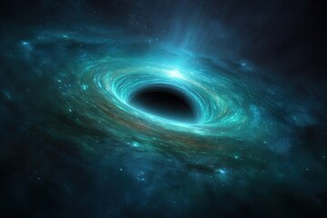 Black hole with accretion disk swirls, in deep space, light bending