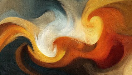 A digital art piece featuring an abstract pattern of swirling colors and shapes, reminiscent of a fur texture, in shades of orange, yellow, red, white, black, brown, and blue.
