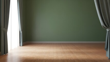 Empty room with wooden floor and curtains, ready for decor and staging