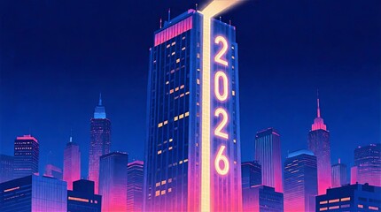 Futuristic Neon Cityscape with Skyscraper Displaying Vertical 2026 Lights among Pink and Purple Towers, Cyberpunk City Illustration