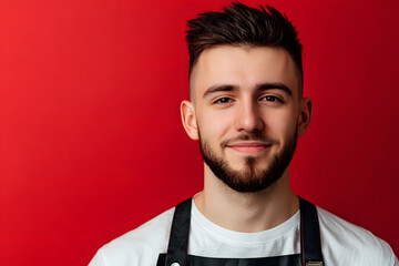 Fototapeta premium Young Barber in Apron Against Red Background