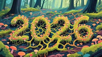 Forest Floor Mycelium and Mushrooms Forming 2026 in Glowing Yellow Vines beneath Dark Trees, Fungal Nature Illustration