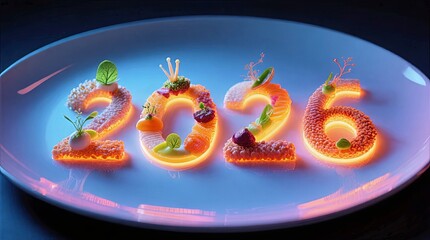 Glowing Blue Plate Arranged with Colorful Foods Forming 2026 Playful Edible Numerals, Culinary Typography Concept