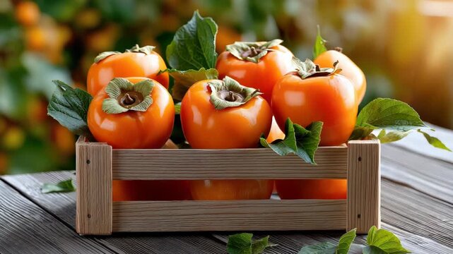 Ripe persimmons with green leaves are arranged in a wooden crate, sitting on a gray table, with a blurred orchard in the background, suggesting a recent harvest during autumn