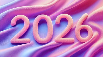 Textured Pink 2026 Numerals over Flowing Wavy Background of Pink Purple and Blue Fabric Like Colors, Abstract Fabric Typography