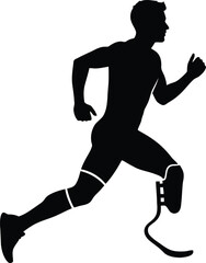 Silhouette of a male athlete with a prosthetic leg running.