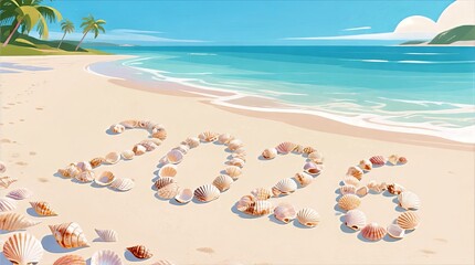 Sunny Tropical Beach with Seashells Forming 2026 on White Sand beside Turquoise Water and Palms, Tropical New Year