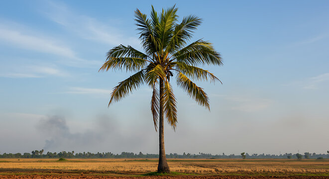 A solitary palm tree stands tall in a dry field under a clear blue sky