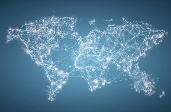 World map depicted as a glowing network of connected points on blue backdrop
