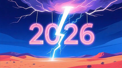Lightning Storm Over Red Desert Illuminating Hanging Pink 2026 Numbers beneath Dark Blue Sky, Desert Lightning Illustration