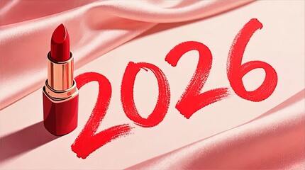 Red Lipstick and Gold Tube on Pink Satin with 2026 Written in Bold Brushstrokes, Luxury Beauty Background