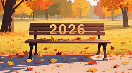 Autumn Park Bench with 2026 Carved in Wood Surrounded by Fallen Leaves Trees and Sunlit Field, Seasonal Park Illustration