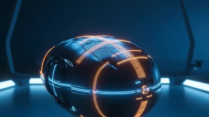 Futuristic cyberpunk helmet with glowing orange and blue neon lights in a dark modern interior - Powered by Adobe