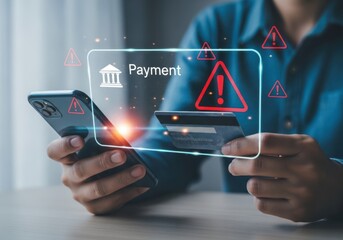 Person holding smartphone and credit card with payment warning icons hand mobile 1
