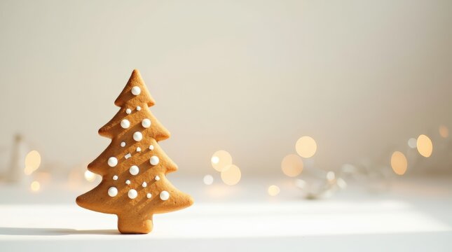 Gingerbread cookie shaped like a Christmas tree with white icing details standing on a table in soft warm sunlight. Festive holiday background with copy space and cozy atmosphere
