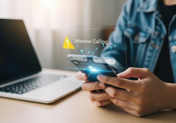 Person holding smartphone displaying unknown caller alert with accept decline options hand
