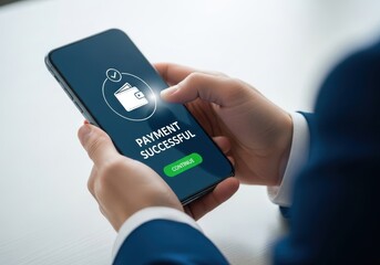Person holding smartphone showing successful payment confirmation screen mobile technology