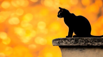 Silhouette of a black cat perched on a stone ledge against a backdrop of warm sunset colors.