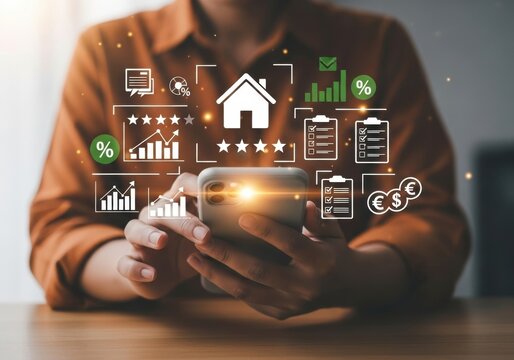 Person holding smartphone with financial and real estate icons overlay hands technology