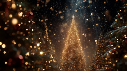 Naklejka premium Golden Christmas Dream: A radiant Christmas tree gleams amidst a magical winter wonderland, adorned with shimmering lights and a sprinkling of festive snow. 