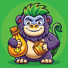 Obraz premium Smiling cartoon gorilla with money bag and gold bar vector art
