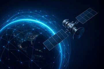 Futuristic satellite orbiting Earth with holographic global data connections